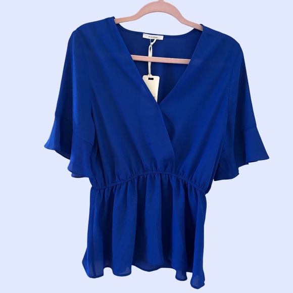 NWT Pleione Royal Blue Flutter Sleeve Peplum Blouse Size Small - Picture 1 of 9